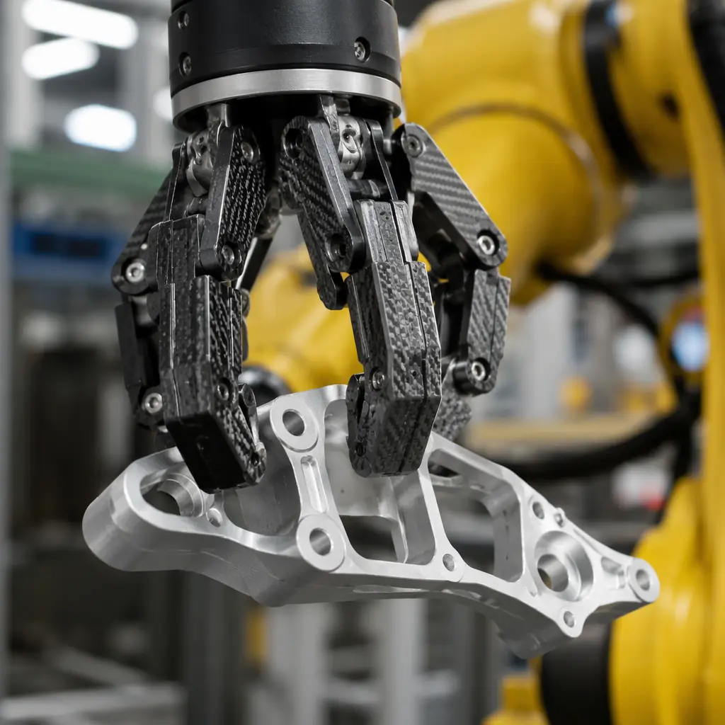 Close-up of 3D-printed robotic gripper fingers in black carbon-fiber nylon gripping a metal automotive bracket, industrial robot arm visible, factory floor setting