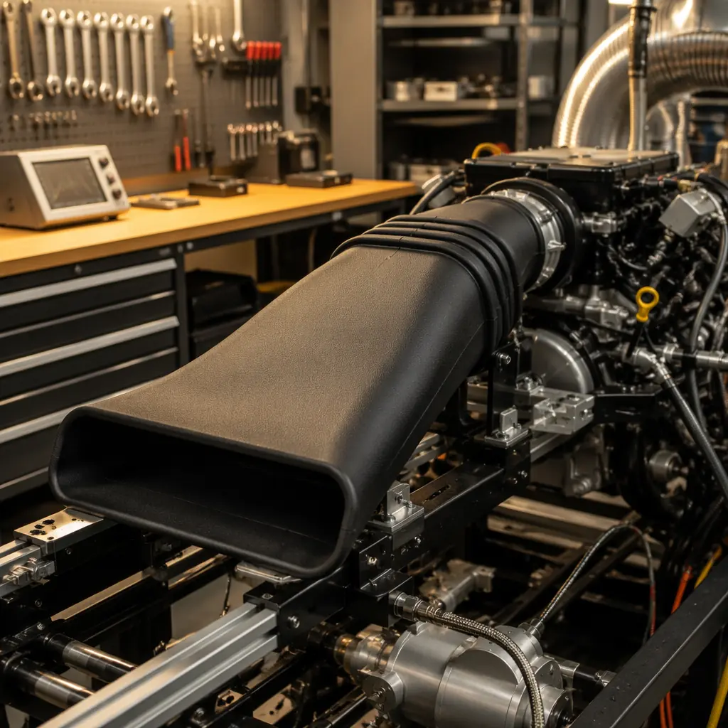 3D-printed carbon-fiber automotive intake duct prototype mounted on an engine test stand, workshop environment with tools and measurement equipment visible