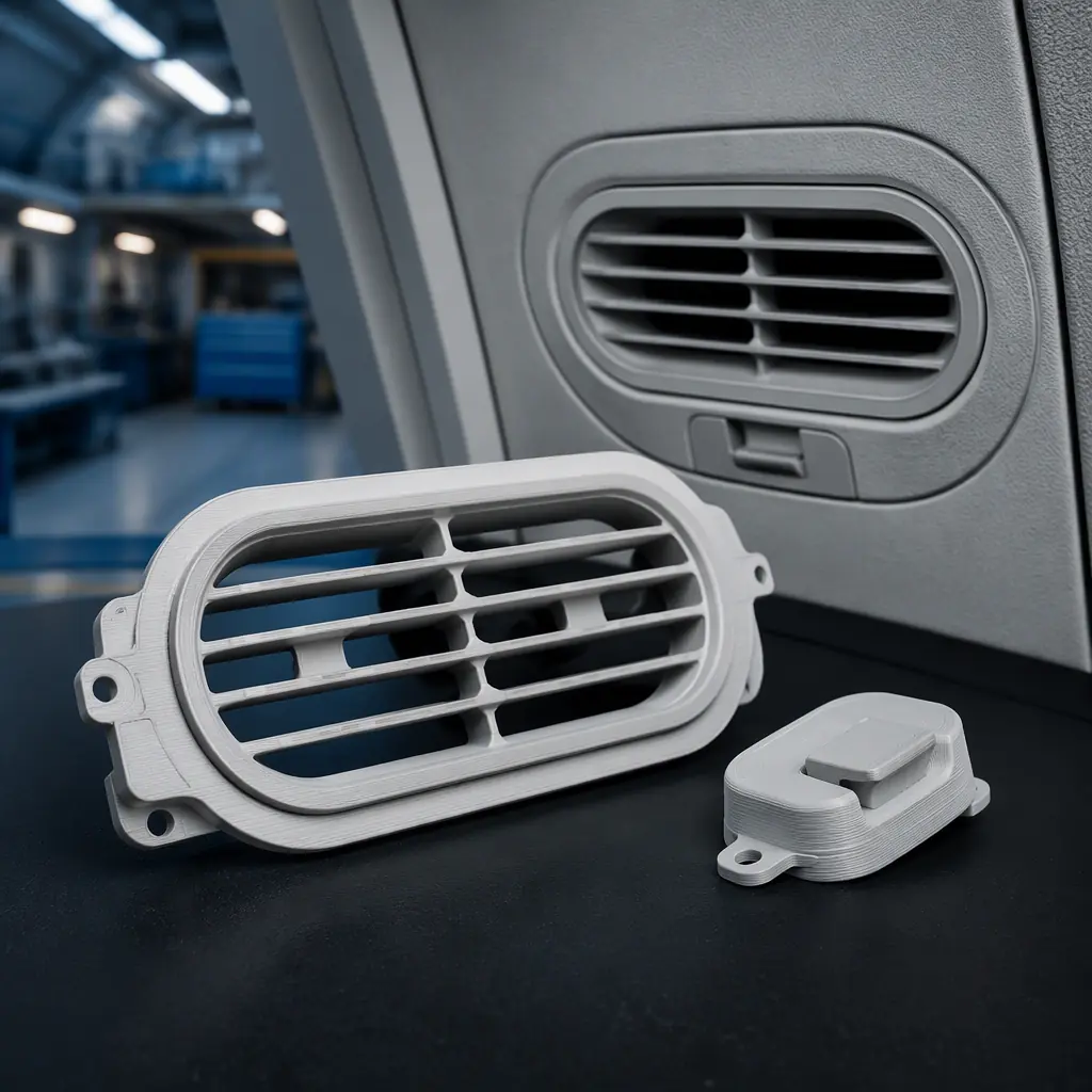 Macro close-up of 3D printed flame-retardant cabin vent grille and latch cover parts next to aircraft cabin interior panel, maintenance hangar lighting, photorealistic, no people, no text, no logos