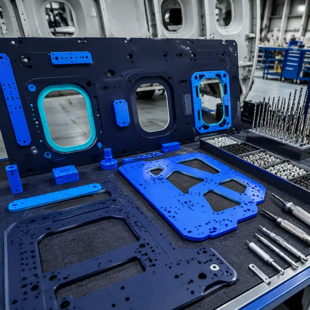 3D printed drill guides and panel templates laid on aircraft interior panel workbench in maintenance hangar, precision tools visible, photorealistic, no people, no text, no logos