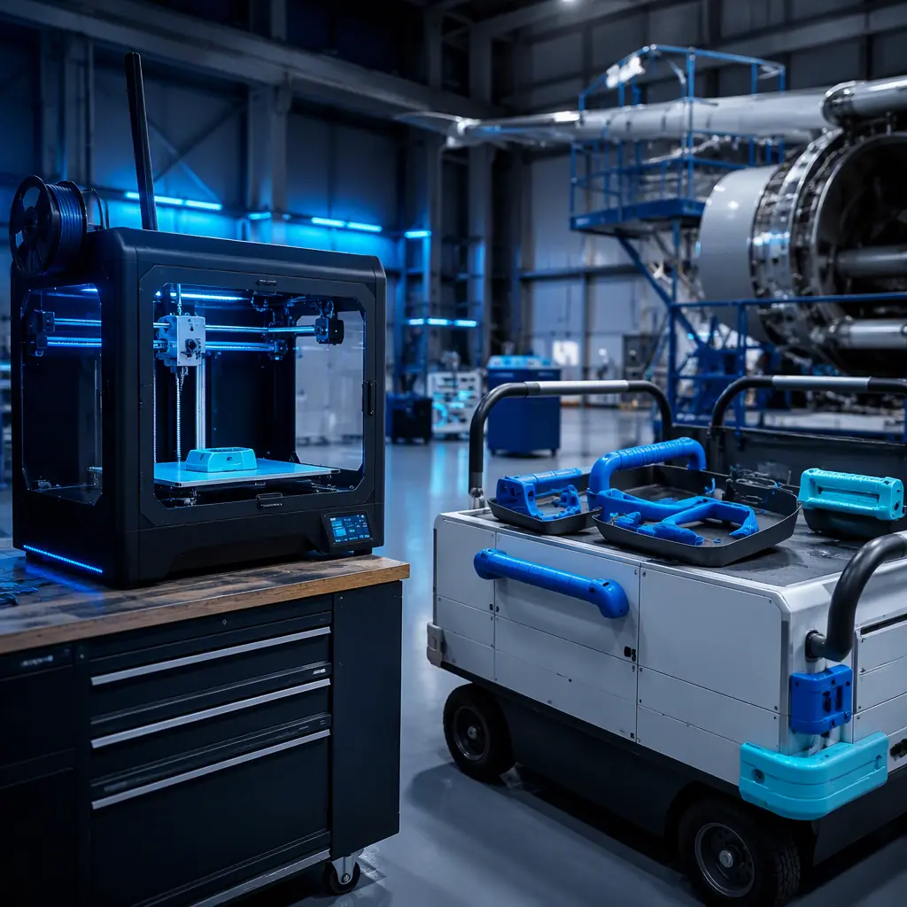 3D printer running in aviation maintenance hangar workshop next to ground support equipment cart with printed handle and bumper parts, industrial hangar lighting, photorealistic, no people, no text, no logos