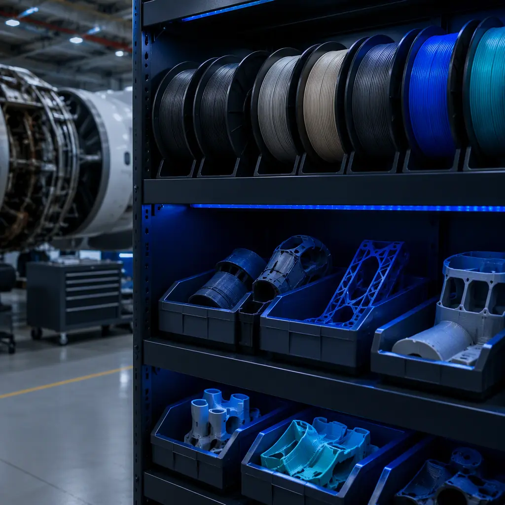 Flame-retardant filament spools with labels on shelf in MRO stock room, printed cabin parts in organized bins below, maintenance hangar lighting, photorealistic, no people, no text, no logos