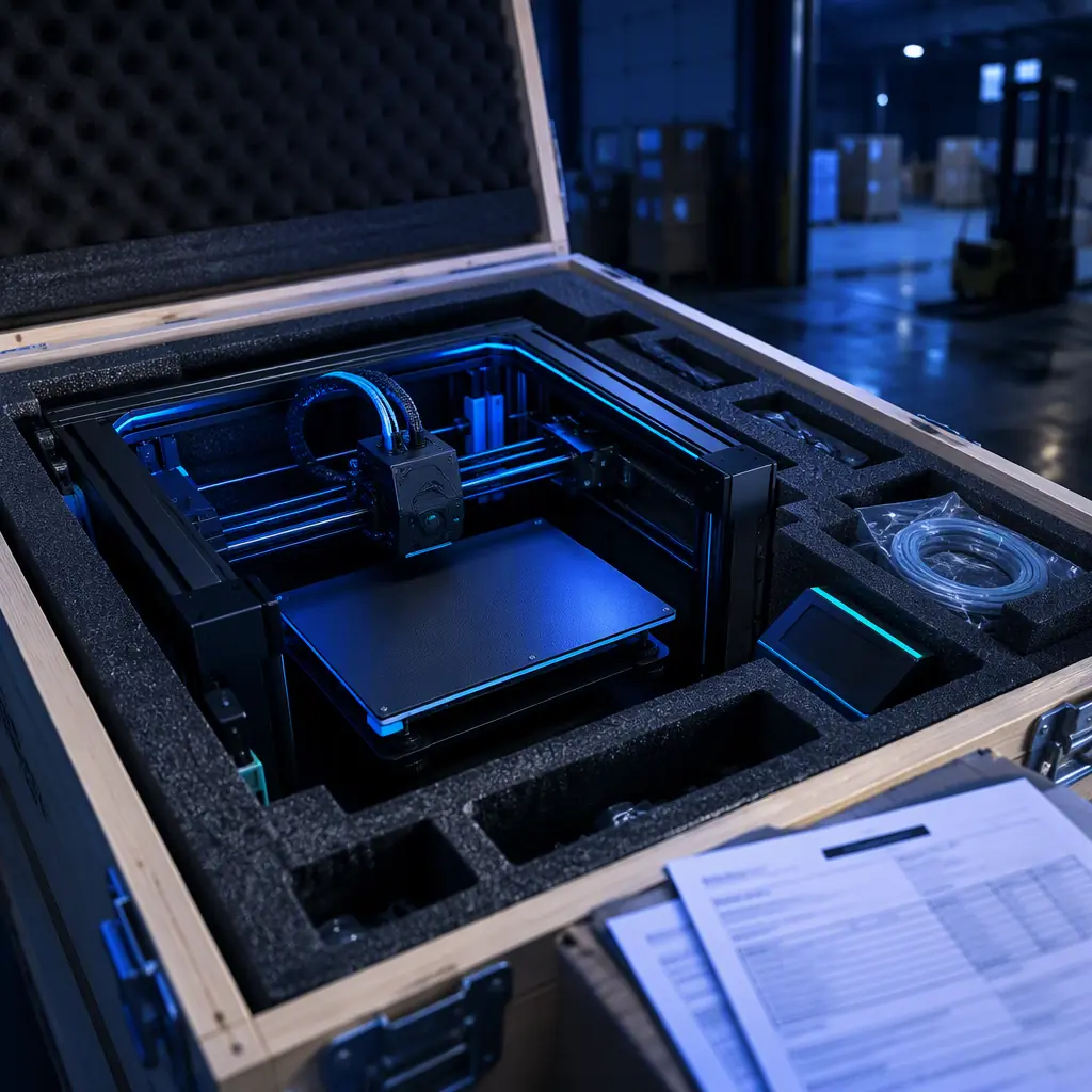 3D printer packed in a foam-lined export crate on a warehouse dock, with a commercial invoice and packing list beside it