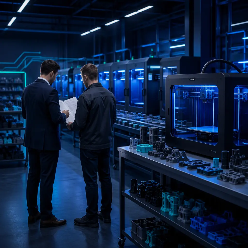 A distributor and a factory manager reviewing a payment schedule on a 3D printer production line, printed parts visible