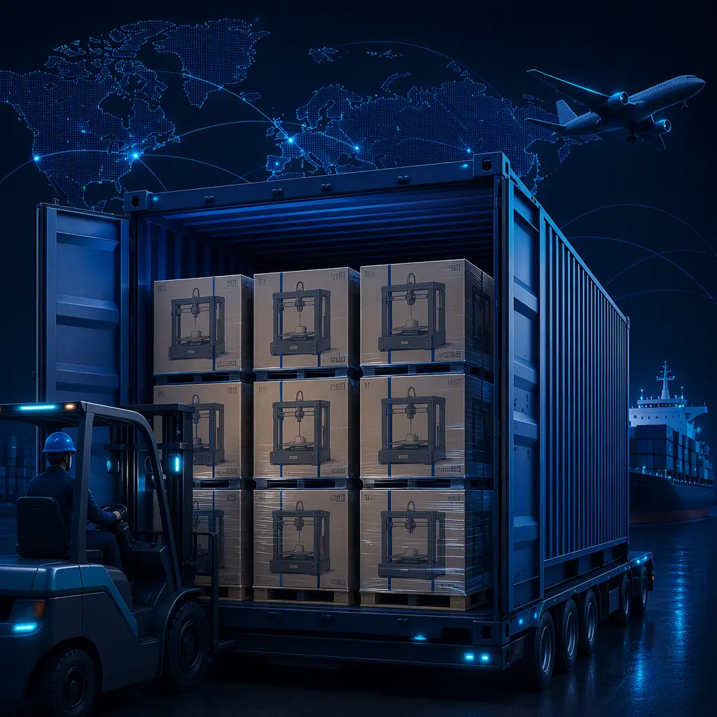 Rows of boxed 3D printers loaded into a cargo container for export, international logistics scene in navy and teal light