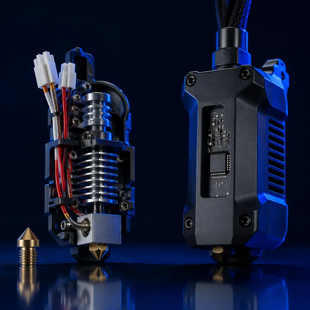 Macro close-up of proprietary 3D printer hotend assembly with authorization chip visible on PCB, precision engineering shot against dark navy background with electric blue accent highlights
