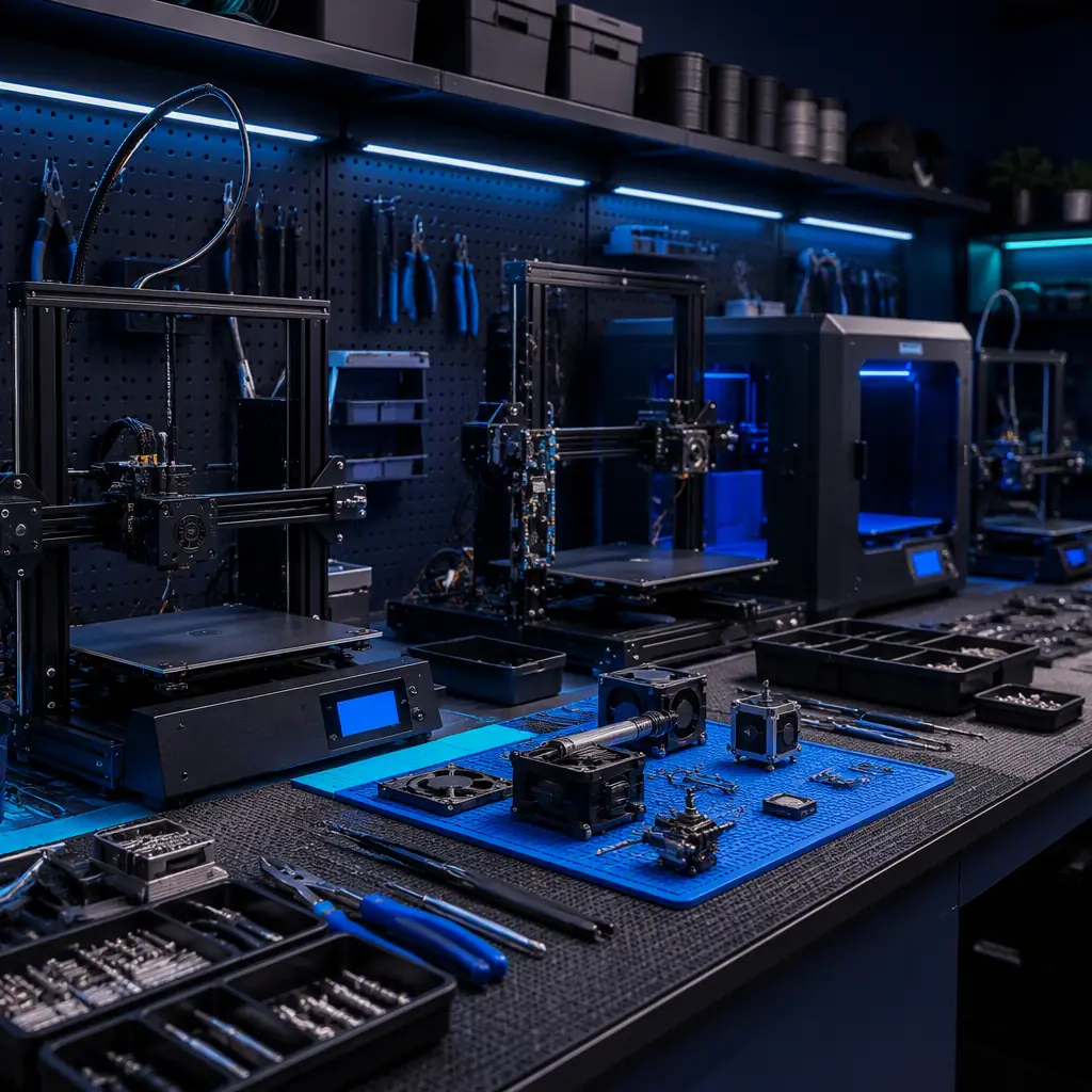 Side-by-side display of 3D printer internal components on dark surface — open-source motherboard with accessible connectors next to proprietary board with sealed chip, macro engineering comparison shot