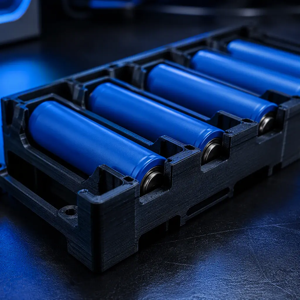 3D printed battery cell holder tray with cylindrical cells seated in precision slots, laboratory bench lighting