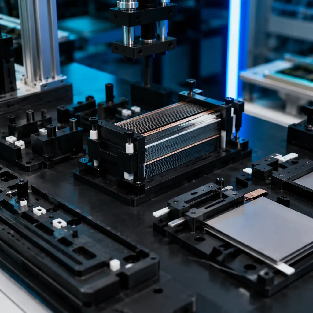 3D printed electrode stacking fixtures and alignment jigs on a battery assembly line test station
