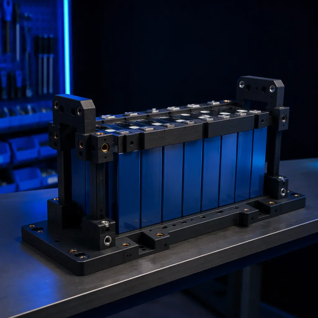 Battery module assembly fixture holding prismatic cells in alignment, printed tooling with metal threaded inserts