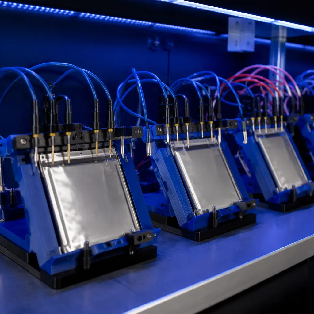 Battery cell test station with 3D printed probe fixtures holding pouch cells, lab lighting