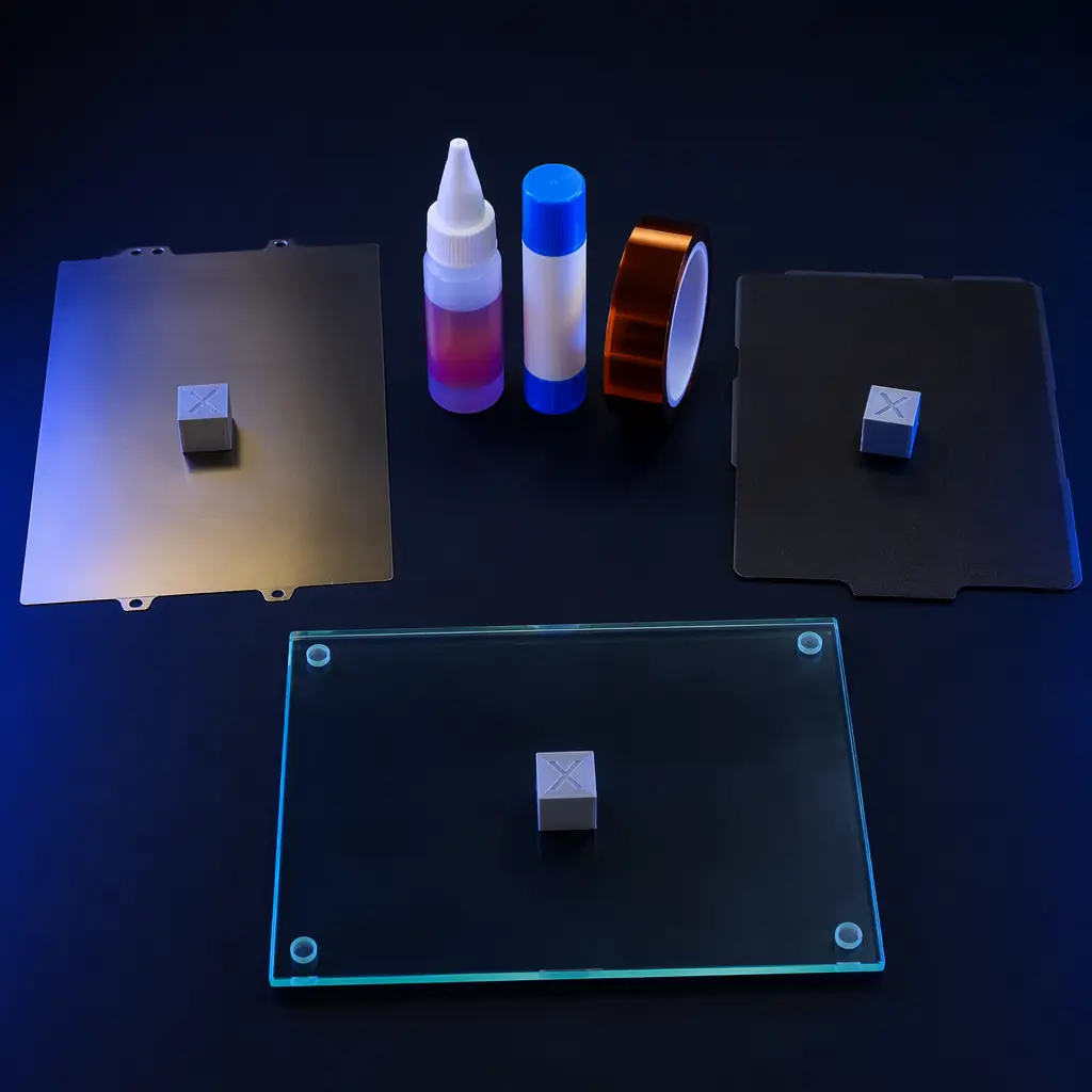 Flat lay photography of bed adhesion products on dark surface — PEI spring steel sheet, Magigoo bottle, glue stick, BuildTak sheet, Kapton tape roll, and carborundum glass plate arranged with 3D printed calibration cubes on each surface, studio lighting