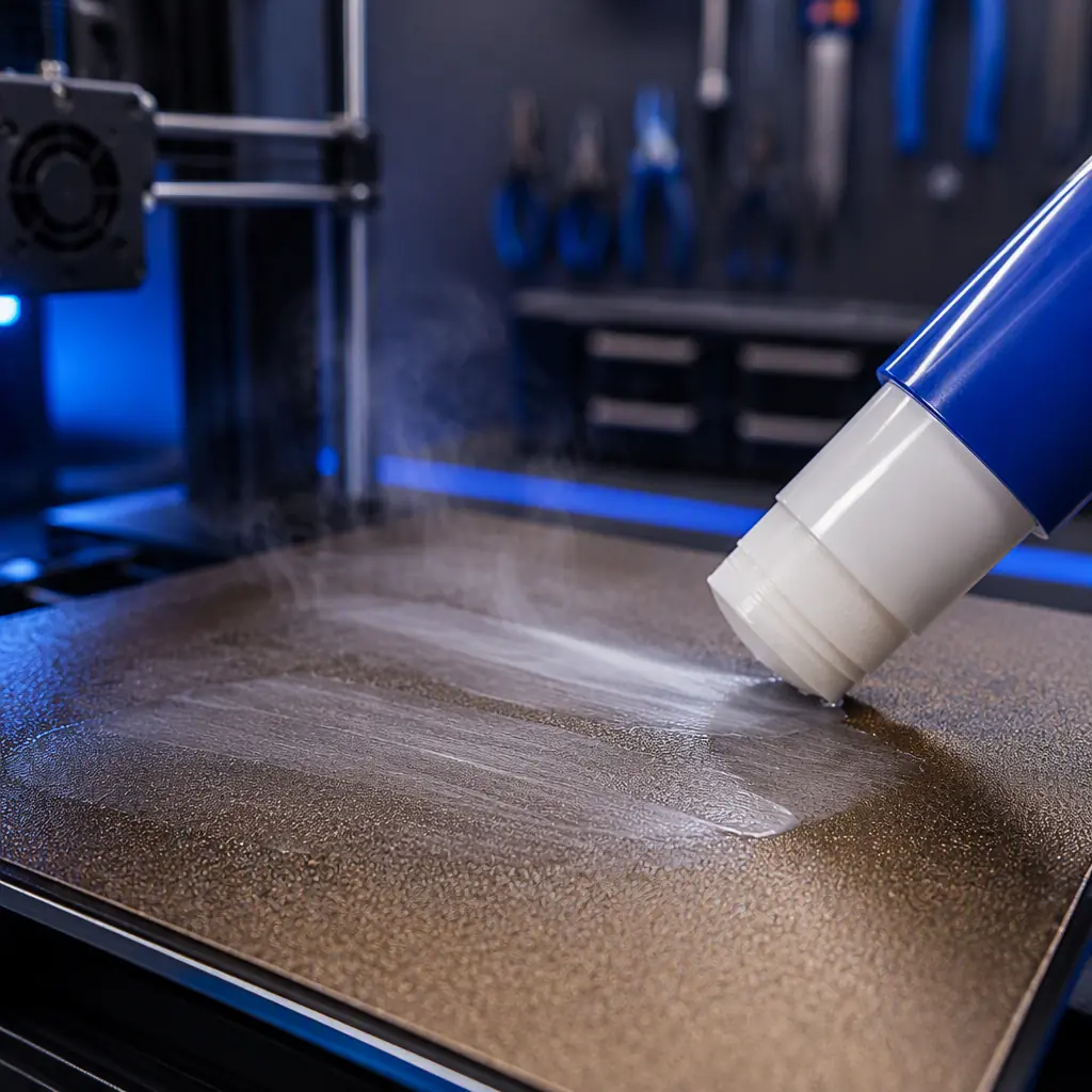Close-up macro shot of PVP glue stick being applied to 3D printer heated bed in smooth overlapping strokes, PEI surface visible beneath the translucent adhesive film, build plate at 60C with slight vapor visible, clean workshop setting