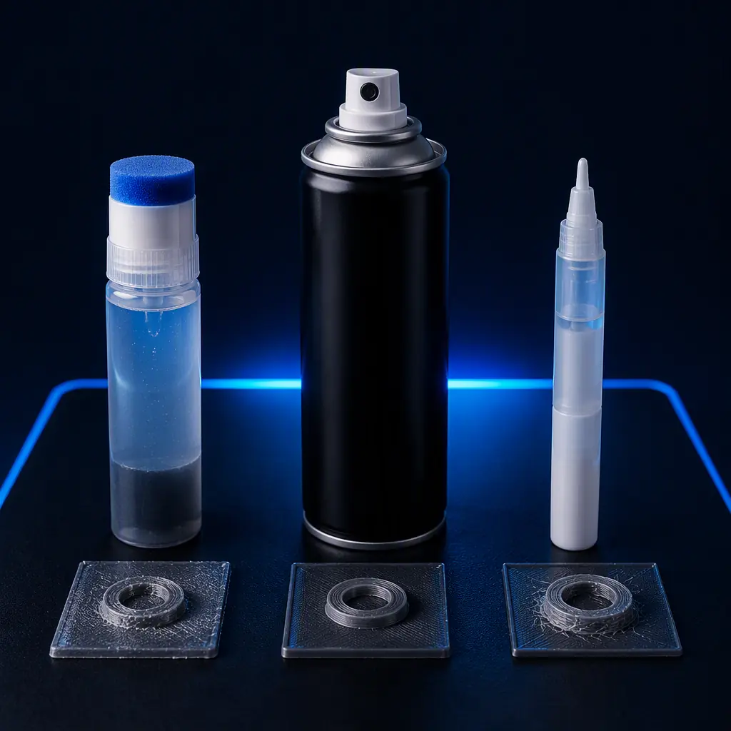 Three bottles of liquid bed adhesives — Magigoo with blue foam dabber, 3DLac aerosol can, Dimafix pen applicator — arranged on 3D printer build plate with printed test swatches showing adhesion quality, dark navy background with accent blue highlights
