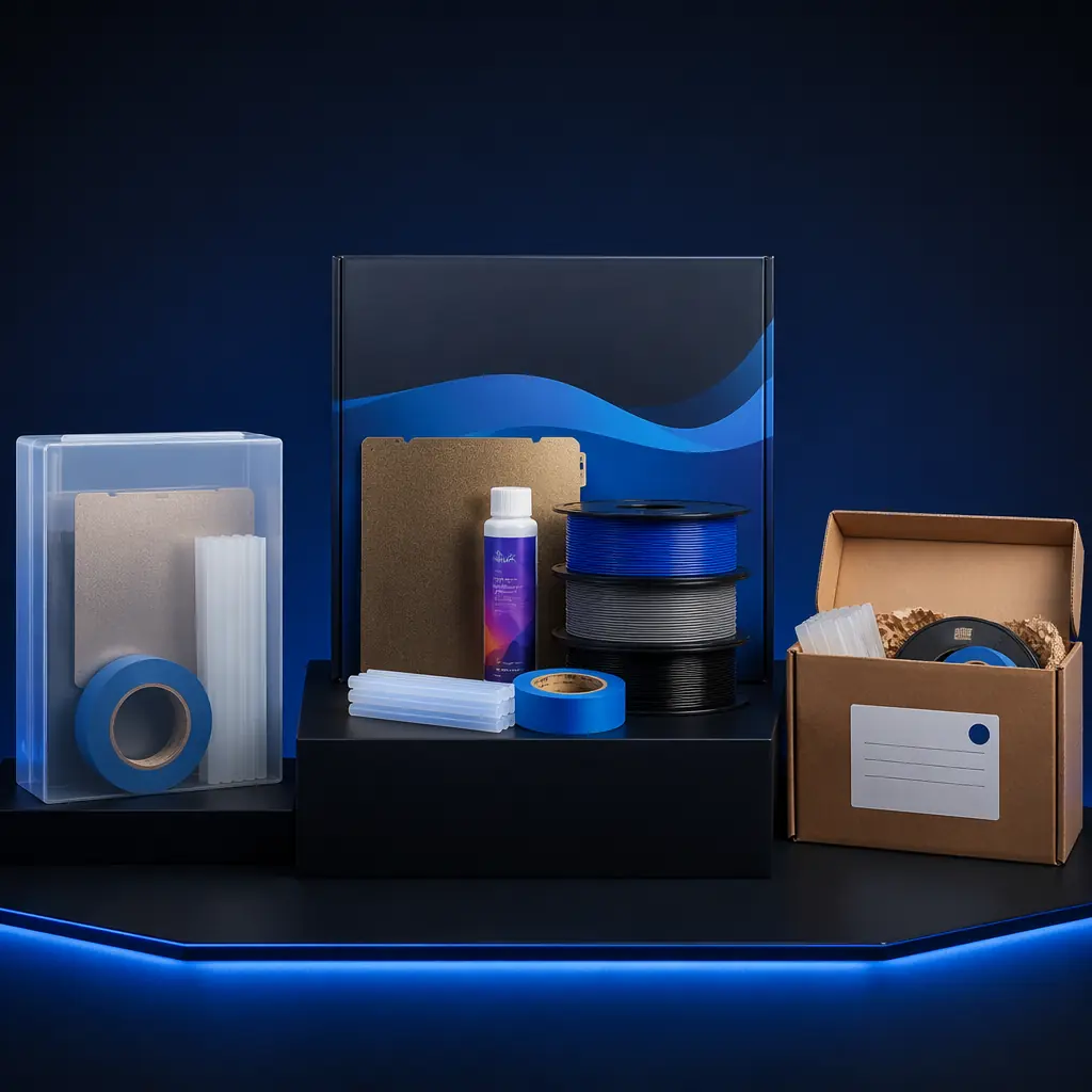 Three-tier product photography: Starter Kit bundle in left section (PEI sheet, glue sticks, tape in branded box), Pro Kit in center (larger box with Magigoo bottle prominent), Subscription box on right (plain brown shipping box with monthly delivery label), all on dark navy gradient surface with accent blue edge lighting