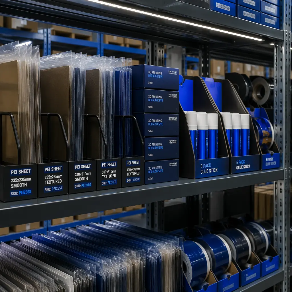 Warehouse shelf photography: bed adhesion products organized by SKU on industrial shelving — rows of PEI sheets in protective sleeves, stacked Magigoo boxes, glue stick 6-packs in branded retail packaging, Kapton tape rolls in dispenser boxes, clean warehouse lighting with navy/blue brand accents