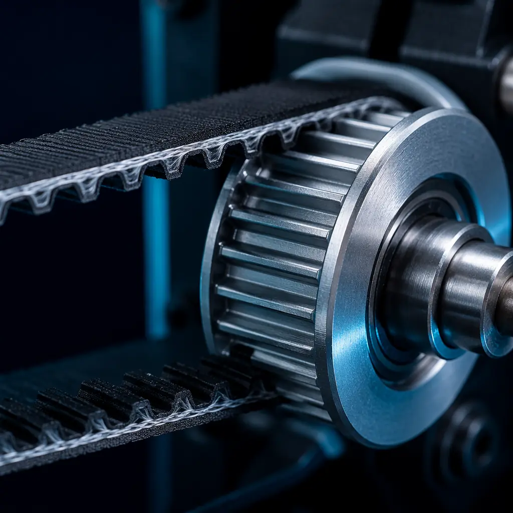 Close-up macro photograph of GT2 timing belt on a 3D printer, belt teeth and fiberglass reinforcement visible, tensioned between drive pulley and idler, precision engineering shot