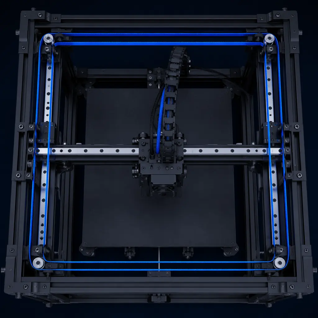 Close-up of GT2 belt teeth meshing with aluminum drive pulley on 3D printer, fiberglass cords visible in belt cross-section, workshop lighting