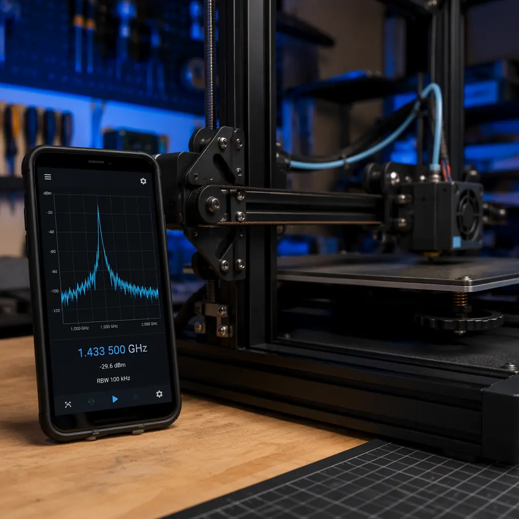 Smartphone running spectrum analyzer app placed next to 3D printer belt, GT2 belt visible mid-span, workshop environment with printer frame in background