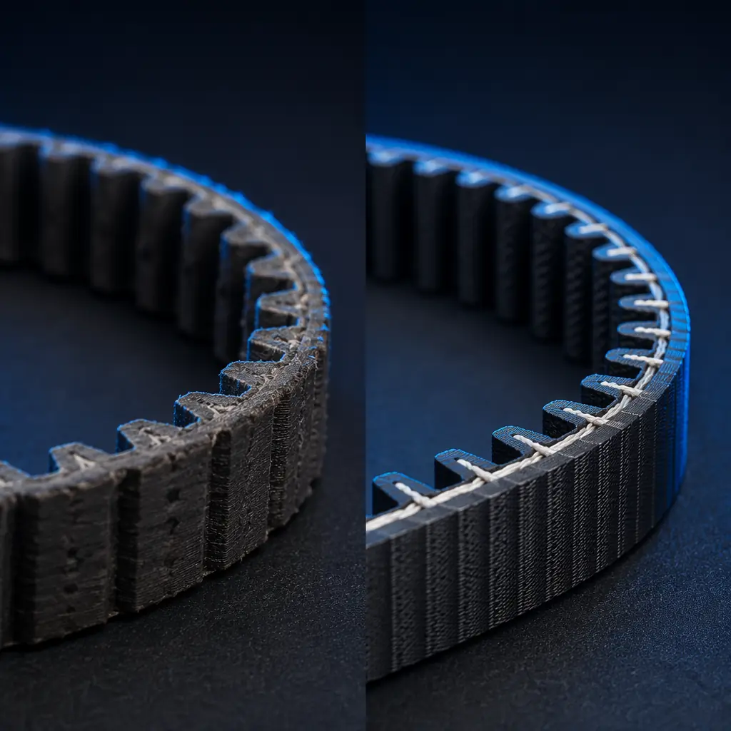Worn GT2 belt with visible tooth deformation compared to new belt, side-by-side on dark workshop surface, macro photography showing rubber wear patterns and fiberglass exposure