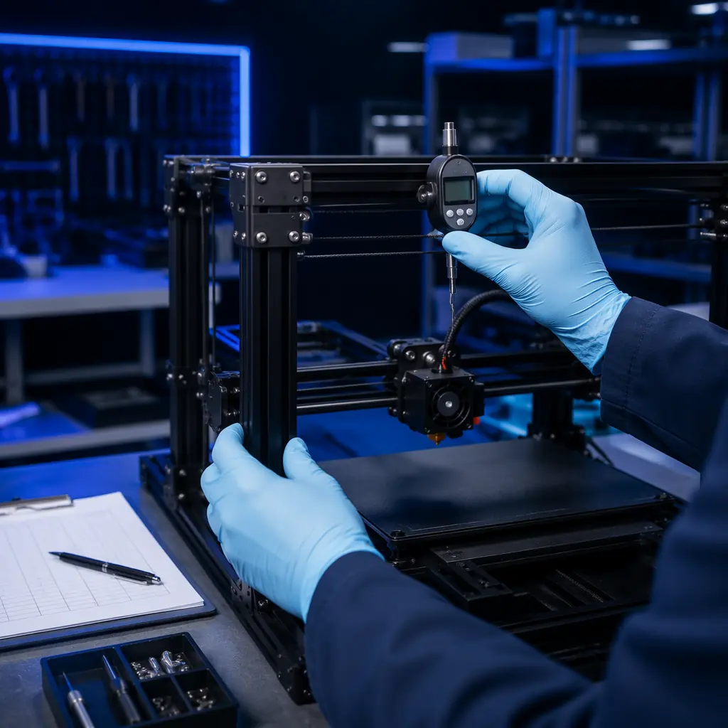 Quality control technician measuring belt tension on 3D printer in factory setting, tension gauge visible, printer on inspection bench with QC checklist clipboard nearby