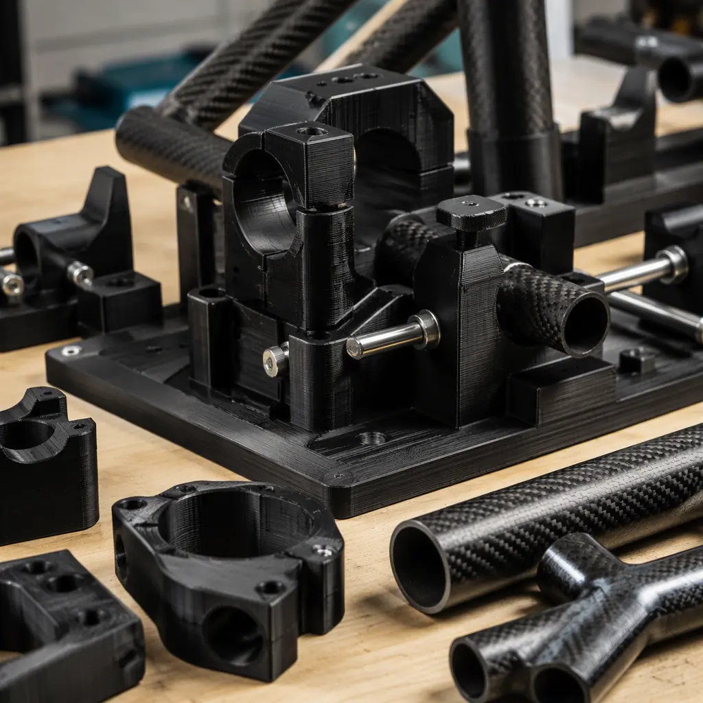 3D printed carbon fiber frame molding fixtures and alignment jigs in black nylon-carbon material