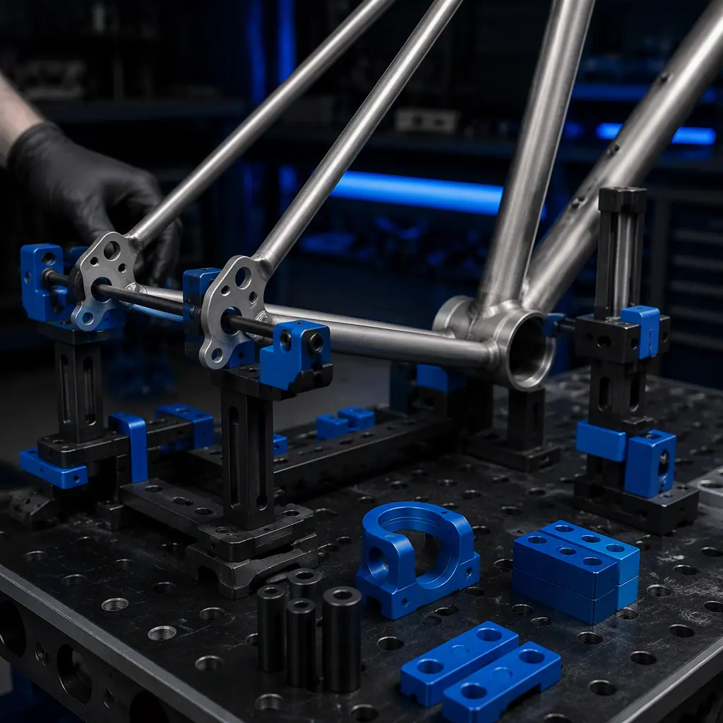 3D printed assembly fixtures holding bicycle frame dropouts and bottom bracket shells in alignment