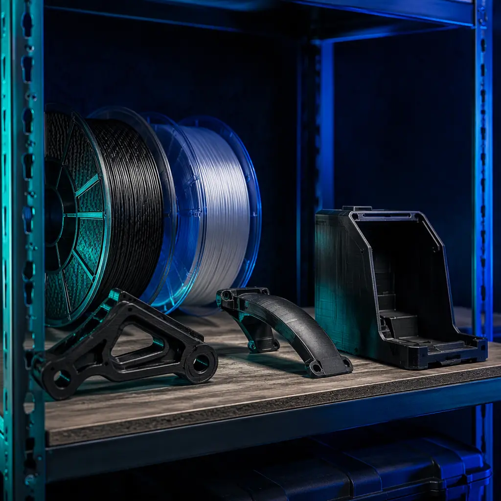 Spools of nylon-carbon and PETG filament on a workshop shelf with printed bike parts displayed