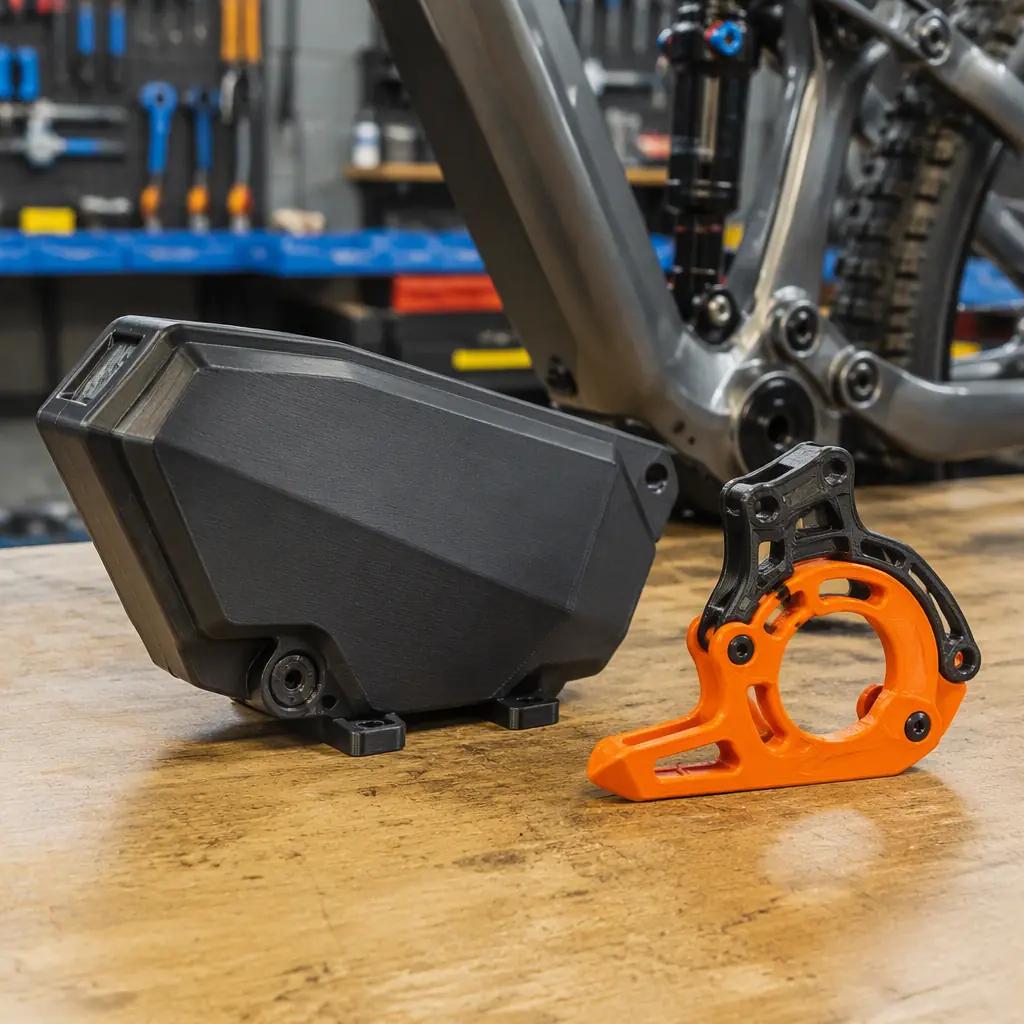 3D printed e-bike battery enclosure prototype and custom chain guide next to an e-bike frame