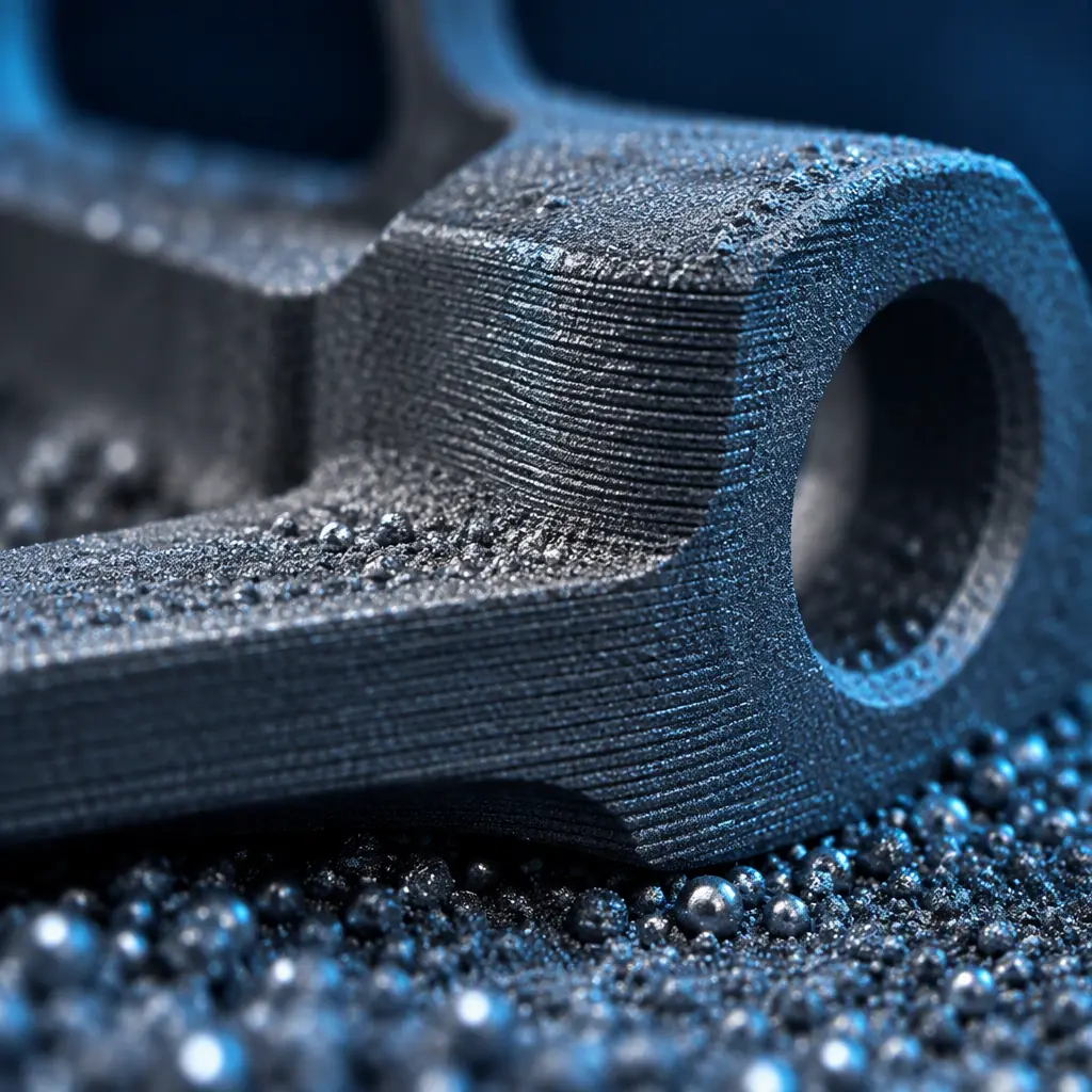 Macro photograph of a grey metal green part resting on a bed of fine stainless steel powder, with the layered surface and a visible support structure, lit with directional studio light