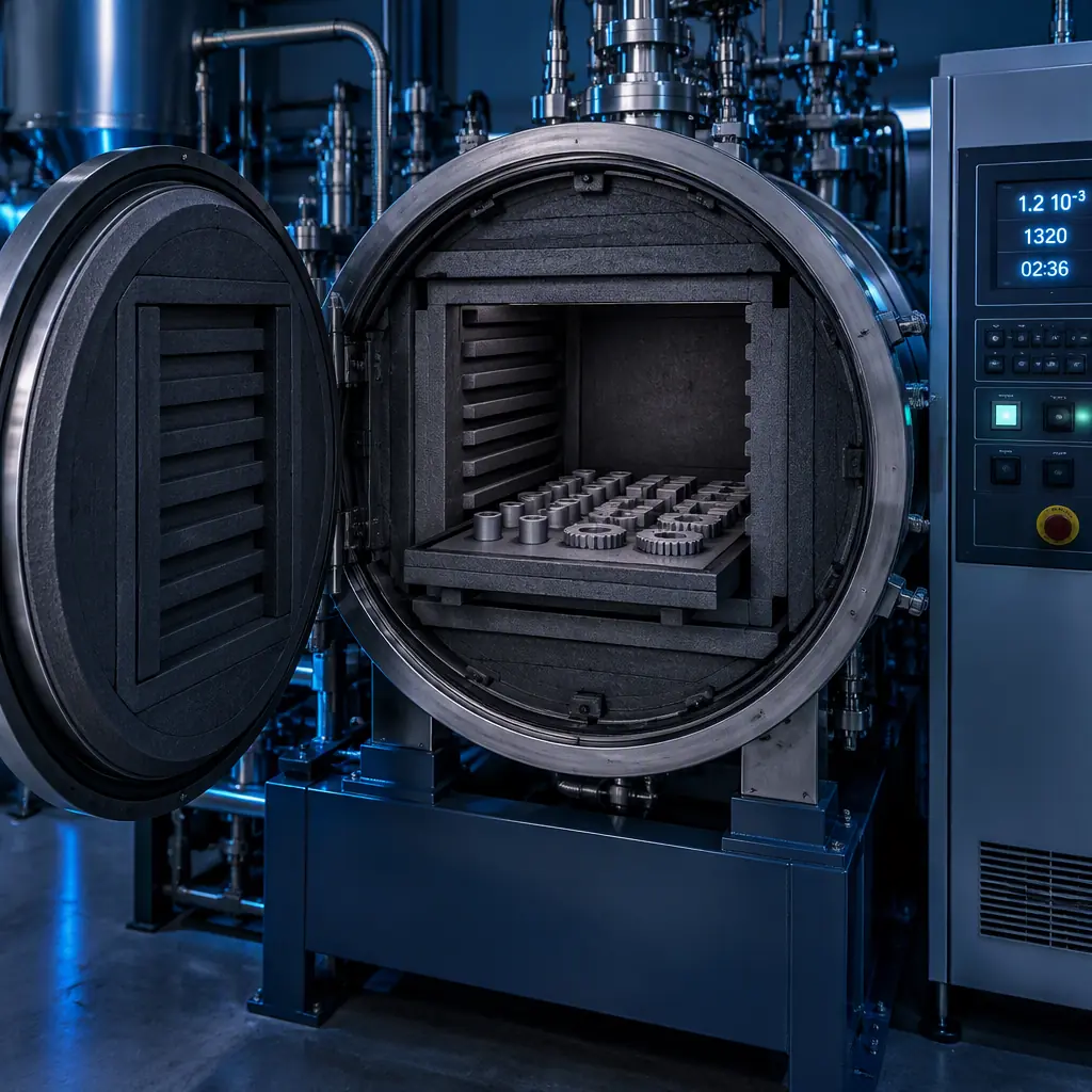Photograph of an industrial vacuum sintering furnace with its graphite heating chamber open, showing a loaded graphite tray of small metal parts and a control panel with a glowing temperature readout
