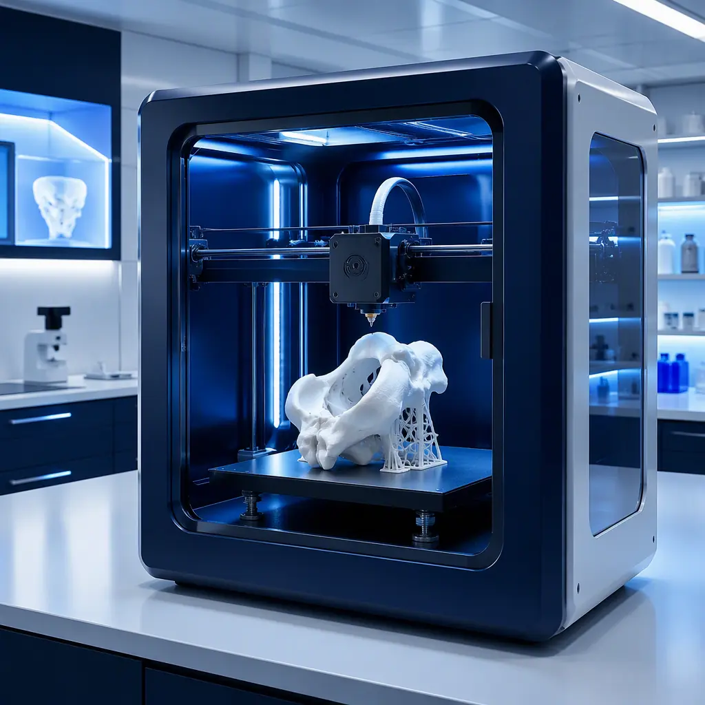 Photorealistic 3D render of a 3D printer in a cleanroom-style biomedical prototyping lab printing a patient-specific anatomical surgical model on a build plate, sterile white and navy environment with electric blue accent lighting, no text, no logos, no people