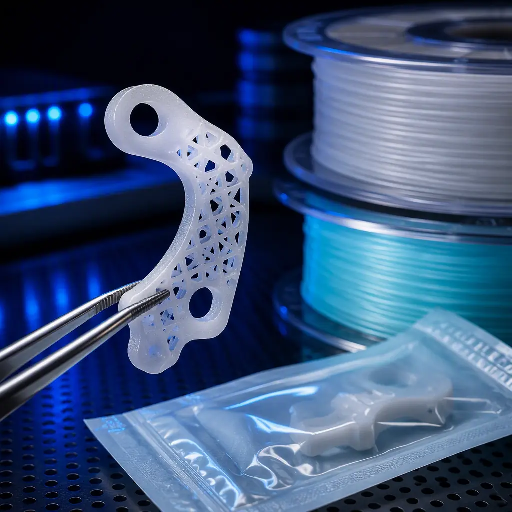Macro close-up of a 3D printed biocompatible surgical part held beside medical-grade material spools and a sterilized pouch, precise engineered surface, deep navy ambient with electric blue accent, no text, no logos, no people