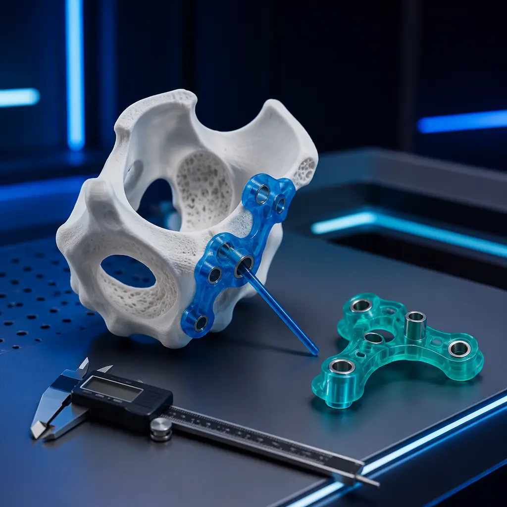 3D printed patient-specific anatomical model and surgical guide on a clean lab bench beside digital calipers, precise engineered surface, deep navy ambient with electric blue accent, no text, no logos, no people