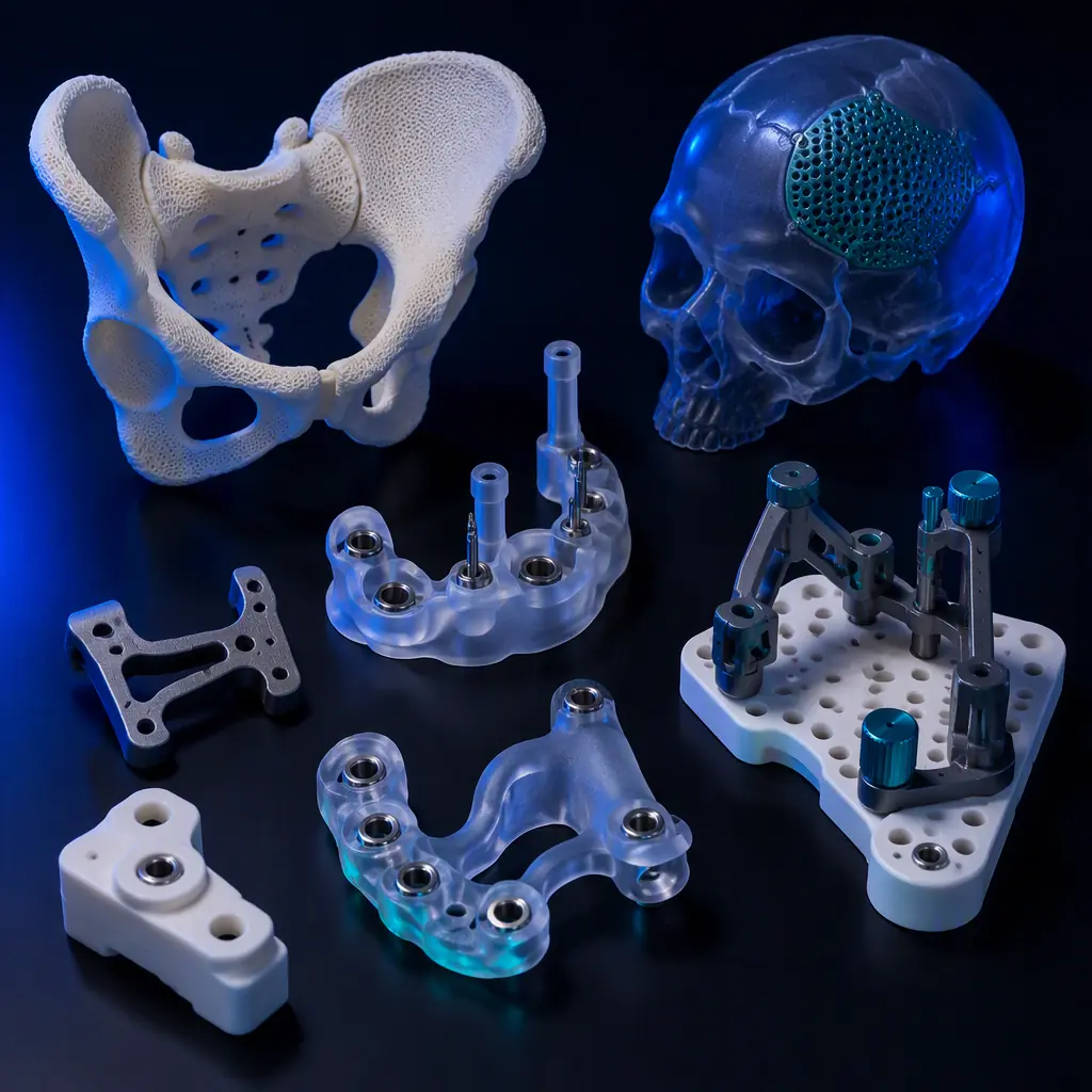Array of 3D printed biomedical components on a dark clean bench: anatomical model, surgical guide, drill jig and alignment fixture, precise engineered surface, deep navy ambient with electric blue accent, no text, no logos