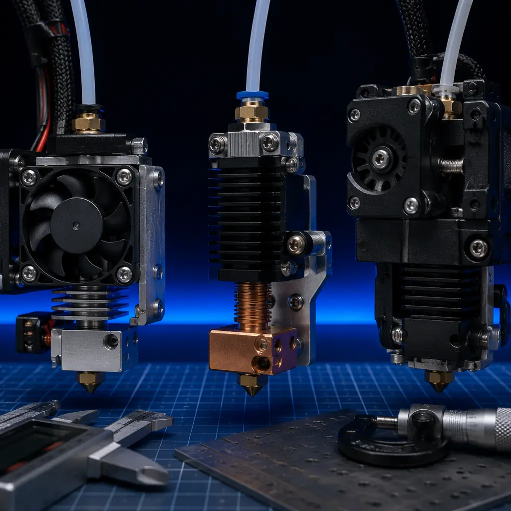 Five 3D printers on display pedestals in a trade show exhibition hall, each with distinct industrial design and brand identity, deep navy background with electric blue accent lighting, tech-forward exhibition environment, no brands or logos visible on printers, sleek product showcase aesthetic