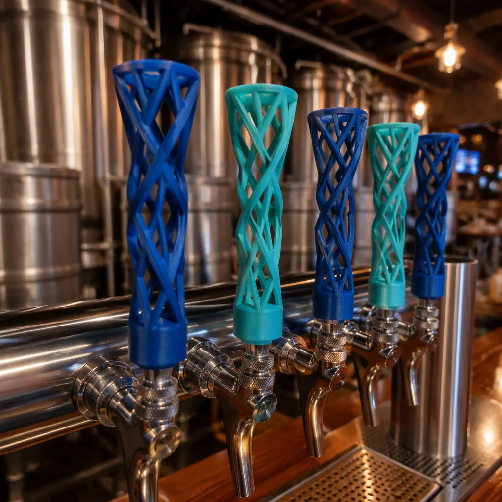 Custom 3D printed beer tap handles in colorful filament on a draft beer tower behind a bar, brewery taproom with stainless steel kegs in background, warm industrial lighting