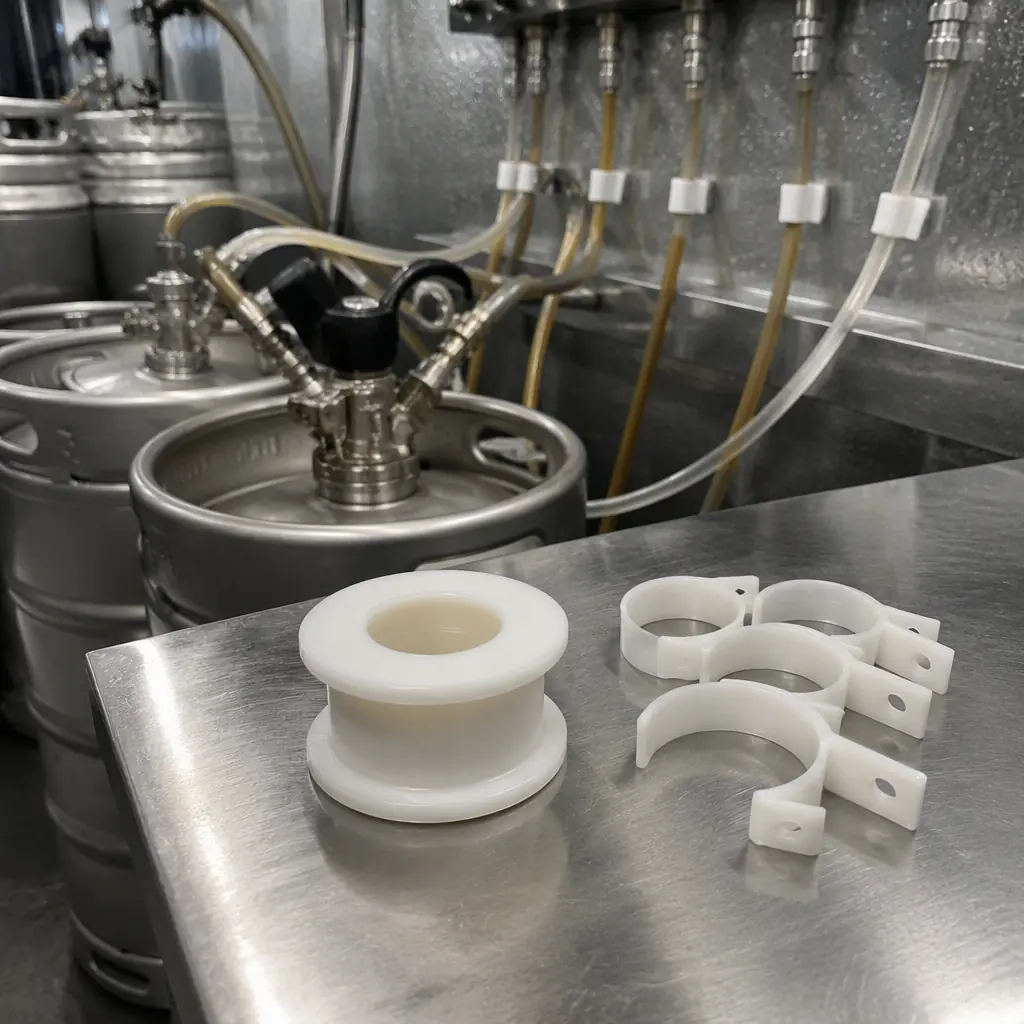 3D printed polypropylene keg coupler spacer and glycol line clamps in white PP filament on a stainless steel cellar table, beer kegs and glycol lines in a cold room, condensation visible