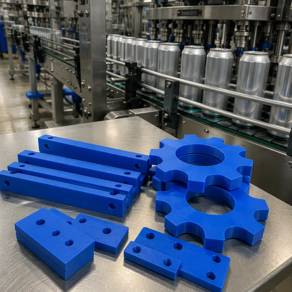 3D printed canning line changeover parts, changerail spacers and star wheel shims in blue nylon filament, laid on a stainless steel canning line table with cans in background