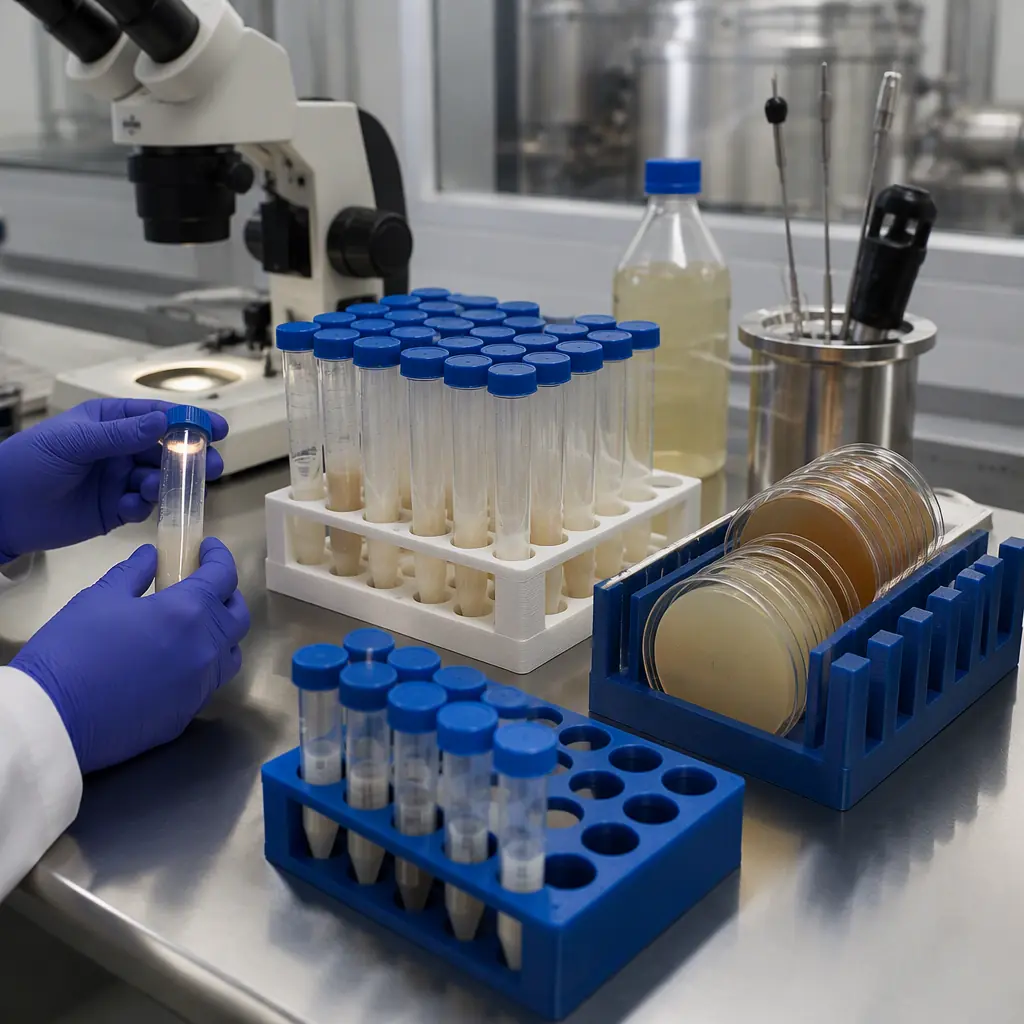 3D printed yeast lab tube racks and petri dish holders on a laboratory bench in a brewery quality lab, microscope and sampling equipment, clean bright lab lighting