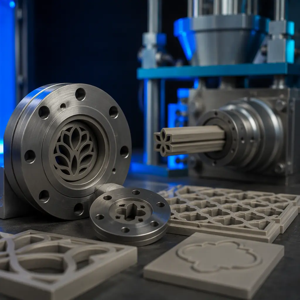Macro close-up of 3D printed ceramic extrusion die components and tile mold parts on a factory workbench, clay extrusion press in background, photorealistic, no people, no text, no logos