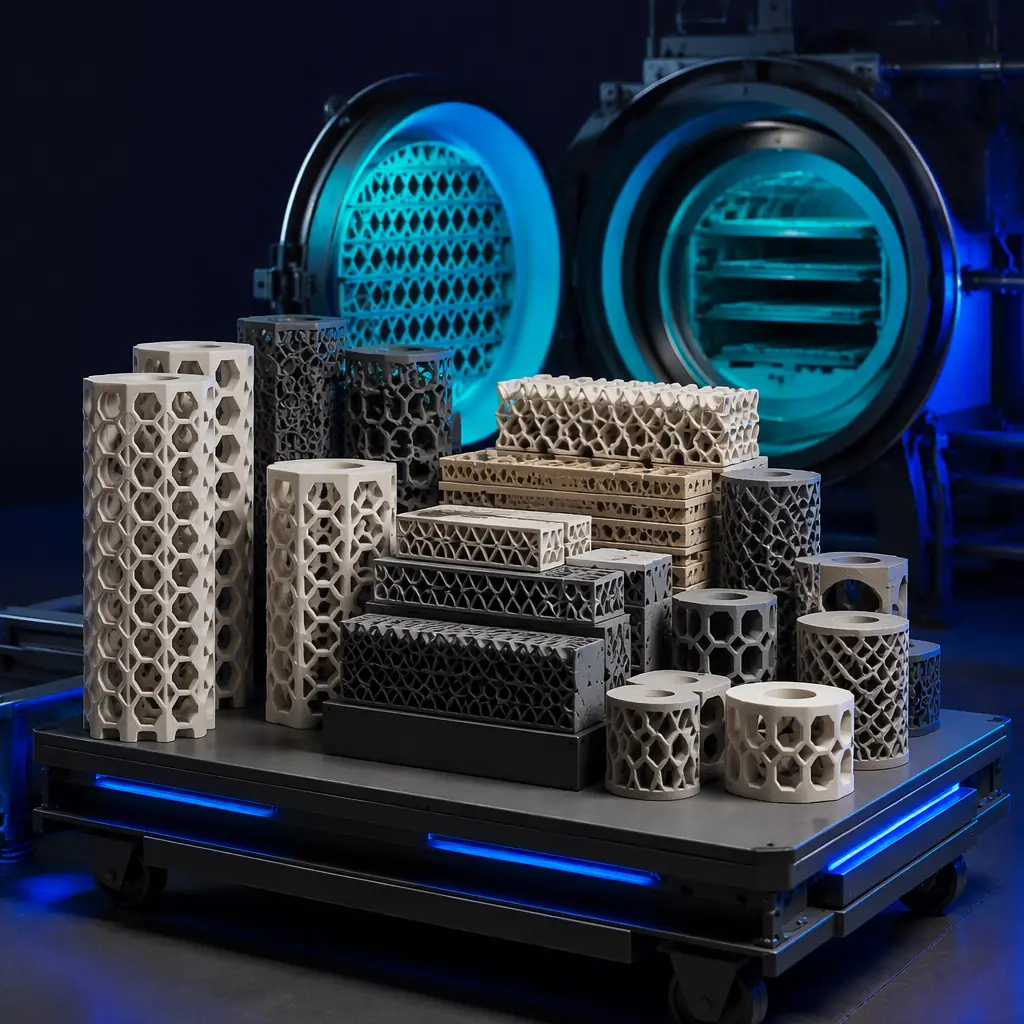 Photorealistic 3D render of kiln furniture support setters and lattice supports on a kiln cart, ceramic kiln in background, photorealistic, no people, no text, no logos