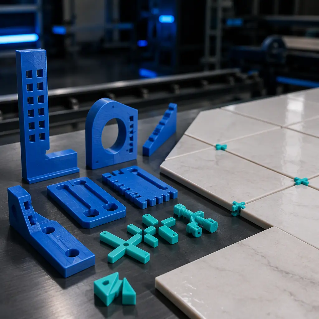 3D printed QC gauges and tile spacer tools next to finished ceramic tiles on an inspection table, tile factory QC station, photorealistic, no people, no text, no logos