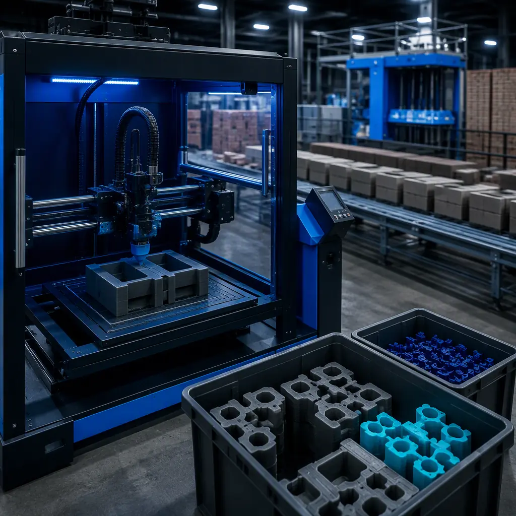 3D printer operating on the factory floor of a brick plant, printed mold tooling and spacers in bins nearby, industrial lighting, photorealistic, no people, no text, no logos