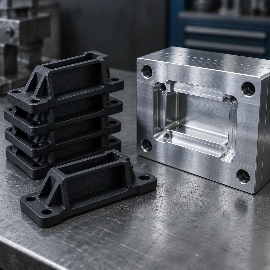 Printed glass-filled polyamide brackets stacked on a workshop bench beside a machined aluminium mould half, shallow depth of field, cool industrial lighting