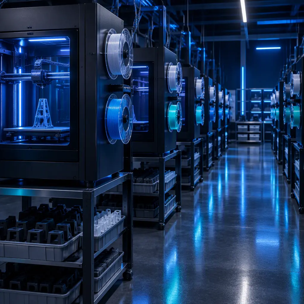 Wide photograph of a print farm floor at a 3D printing service bureau, rows of enclosed printers with status lights, parts bins and a finishing bench in the foreground