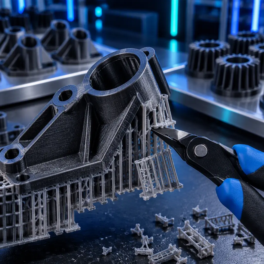 Macro photograph of support material being removed from a freshly printed engineering part with flush cutters on a workbench, printed parts staged in trays behind
