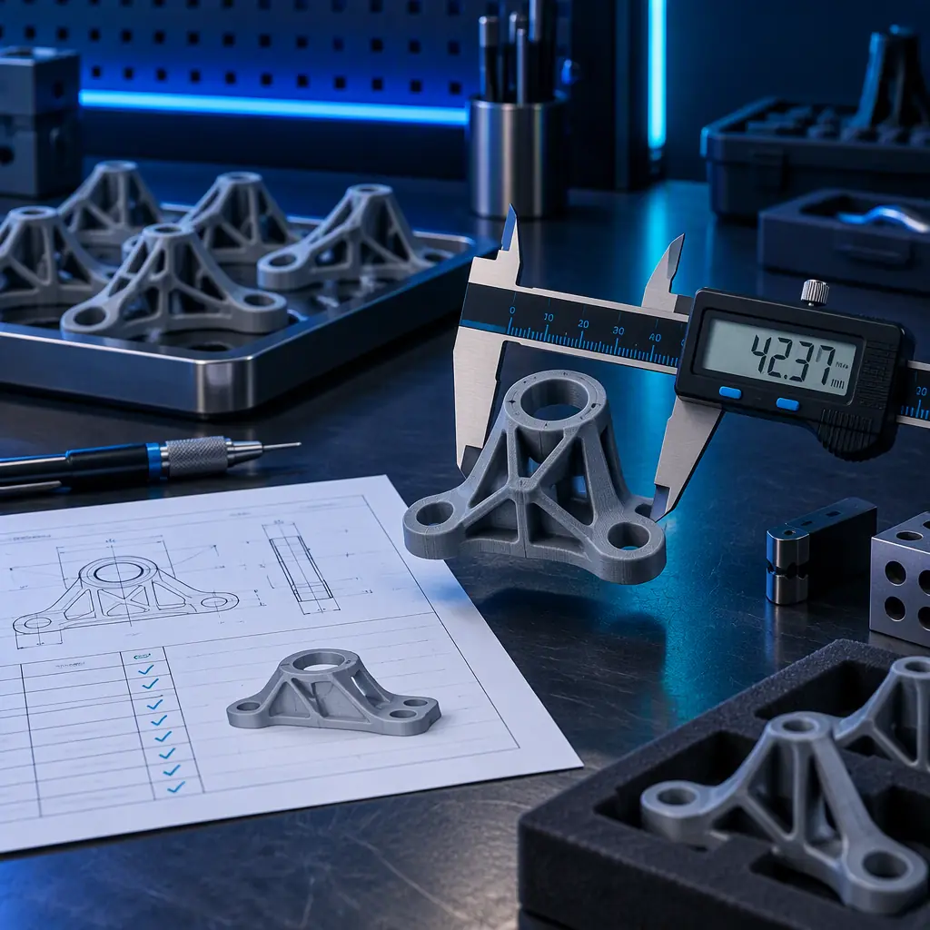 Photograph of a metrology bench at a 3D printing service bureau with a printed part under a digital caliper, inspection report sheets and staged finished parts on a dark surface
