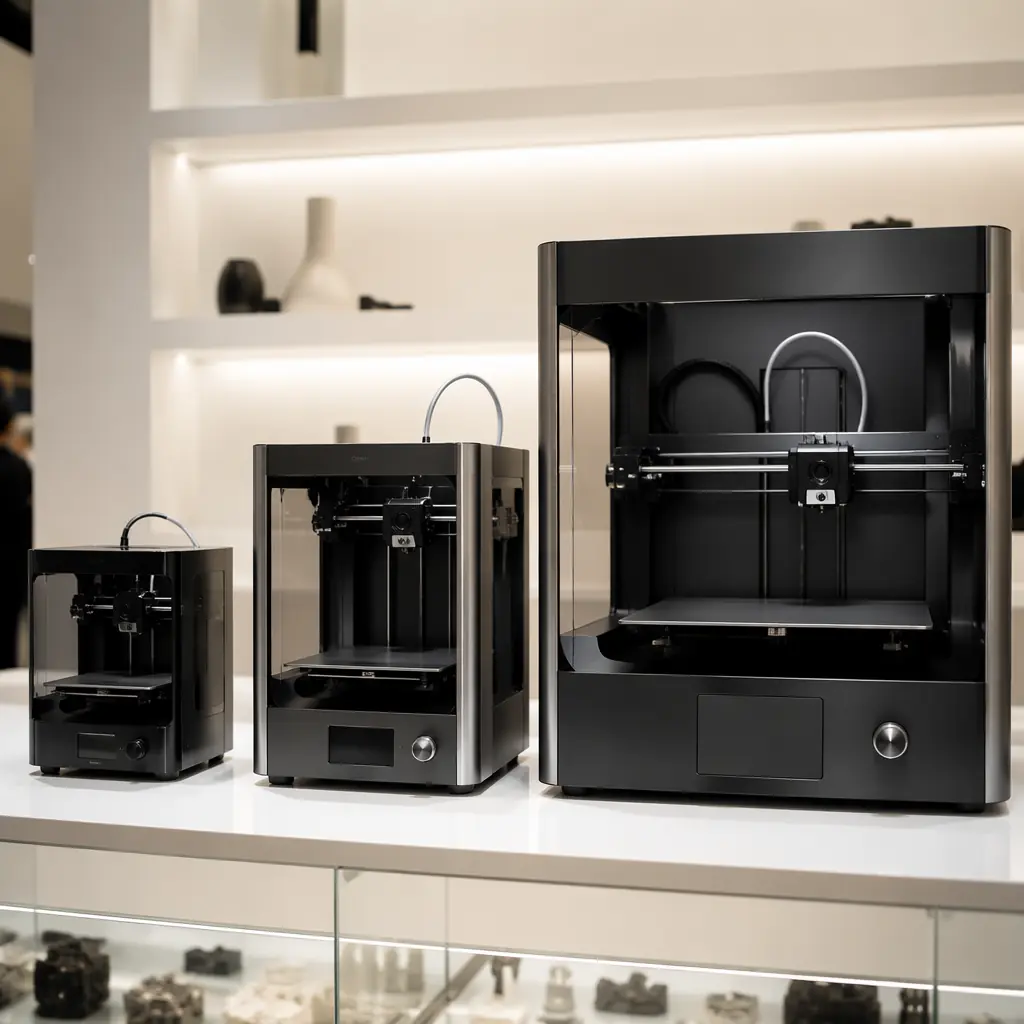 Three 3D printers displayed on a clean showroom shelf at different heights representing entry, prosumer, and professional tiers, modern retail lighting