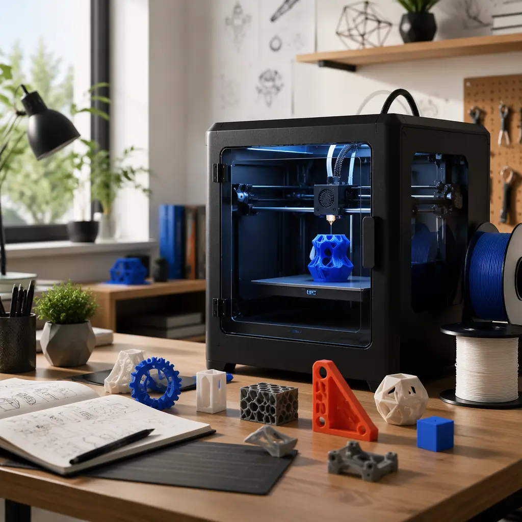 Mid-range enclosed 3D printer on a designer's desk with colorful prototype parts and filament spools arranged nearby, natural studio lighting